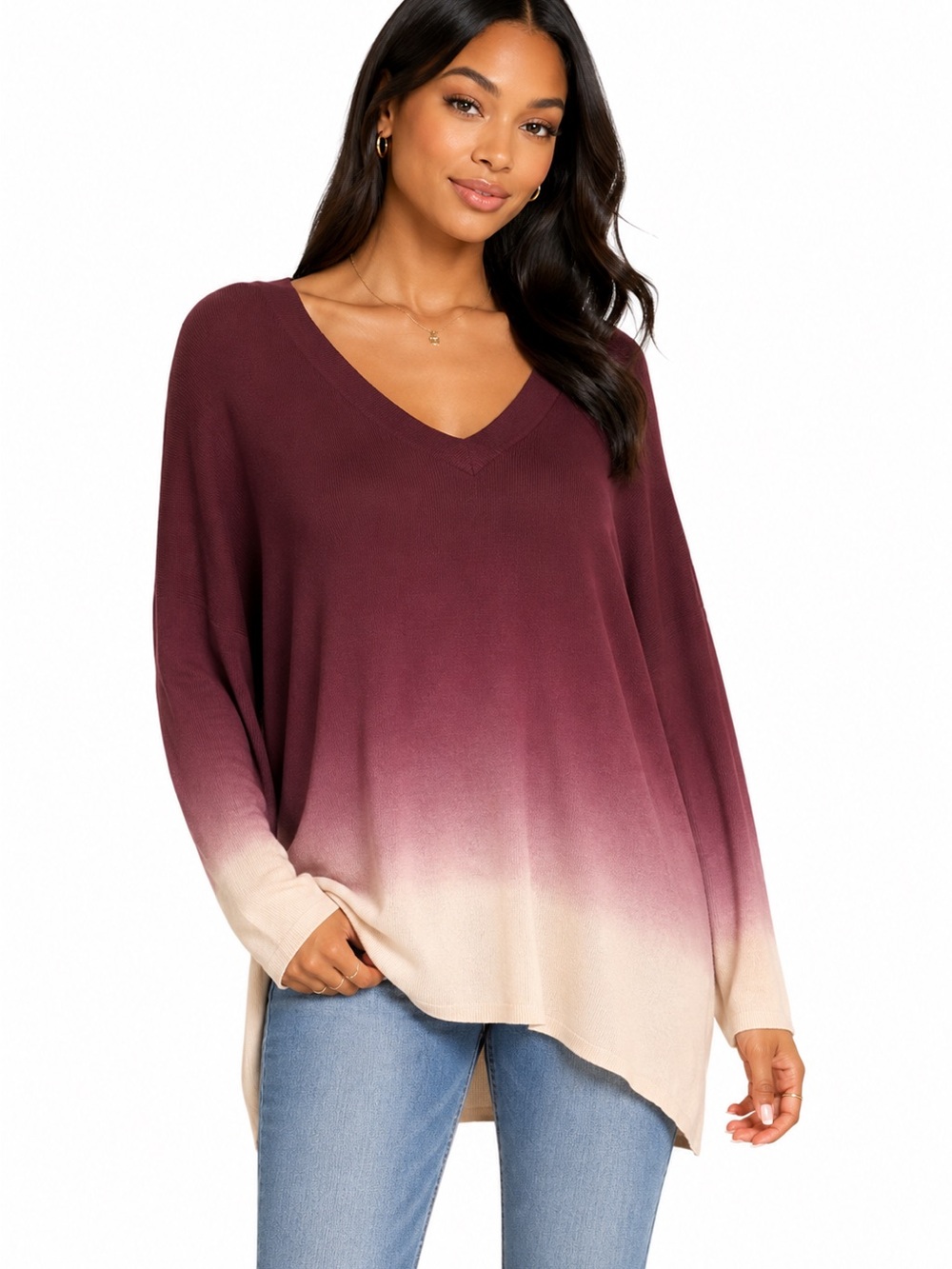 Entro Ombre Lightweight Oversized Sweater Burgundy Pink Cream V Neck High Low